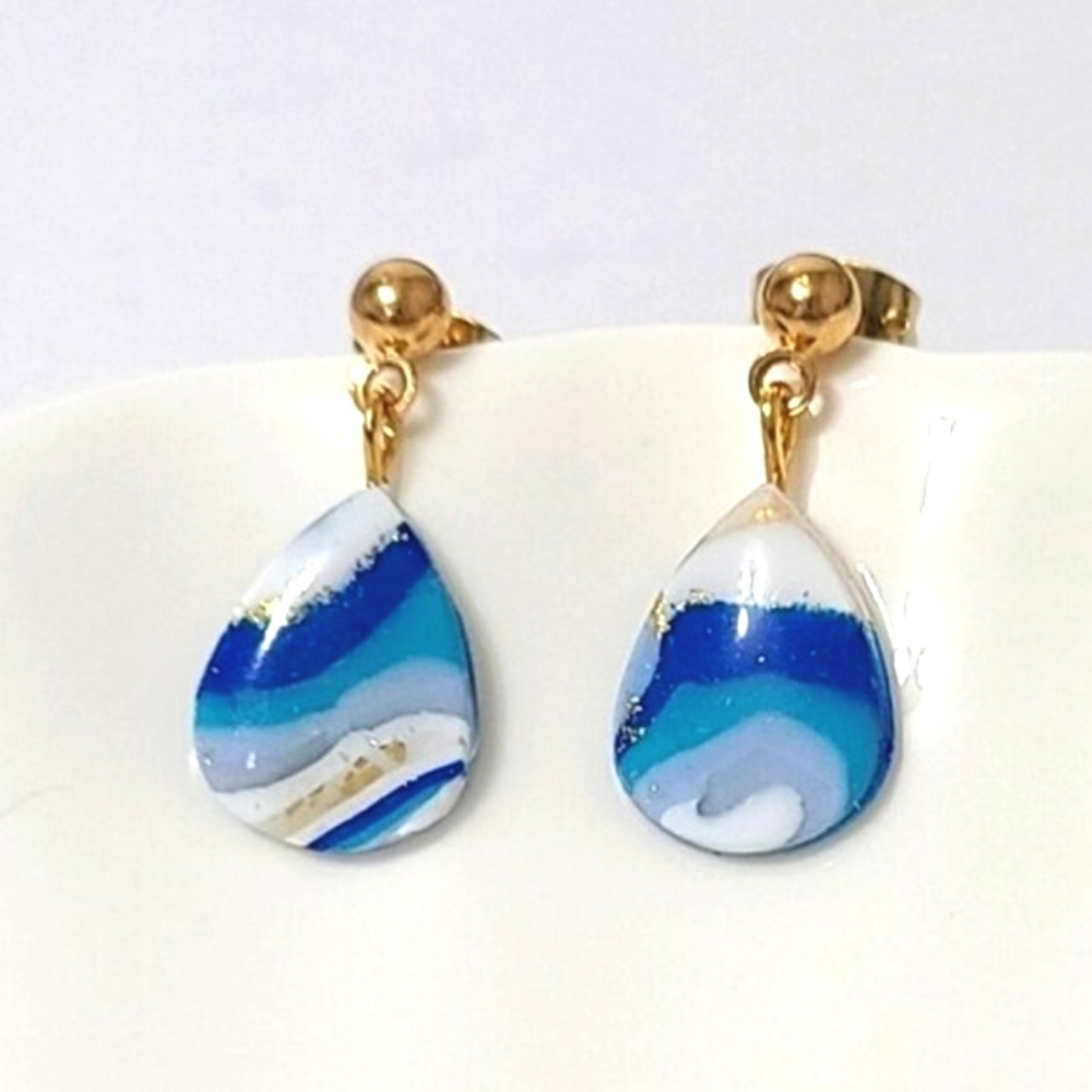 Boho Artisan Blue White Gold Ball Teardrop Gemstone Agate Inspired Drop Earrings